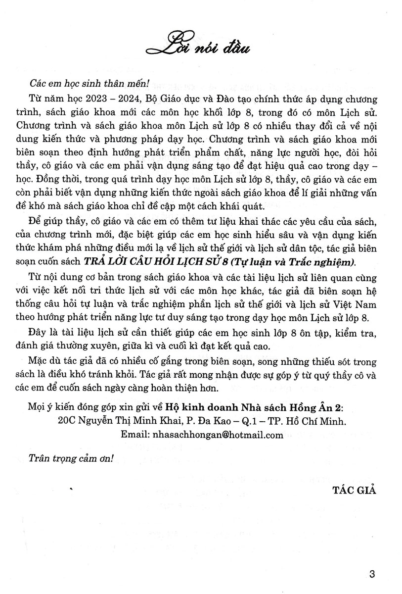 TRẢ LỜI CÂU HỎI LỊCH SỬ LỚP 8 - TỰ LUẬN VÀ TRẮC NGHIỆM (Dùng chung cho các bộ SGK hiện hành)